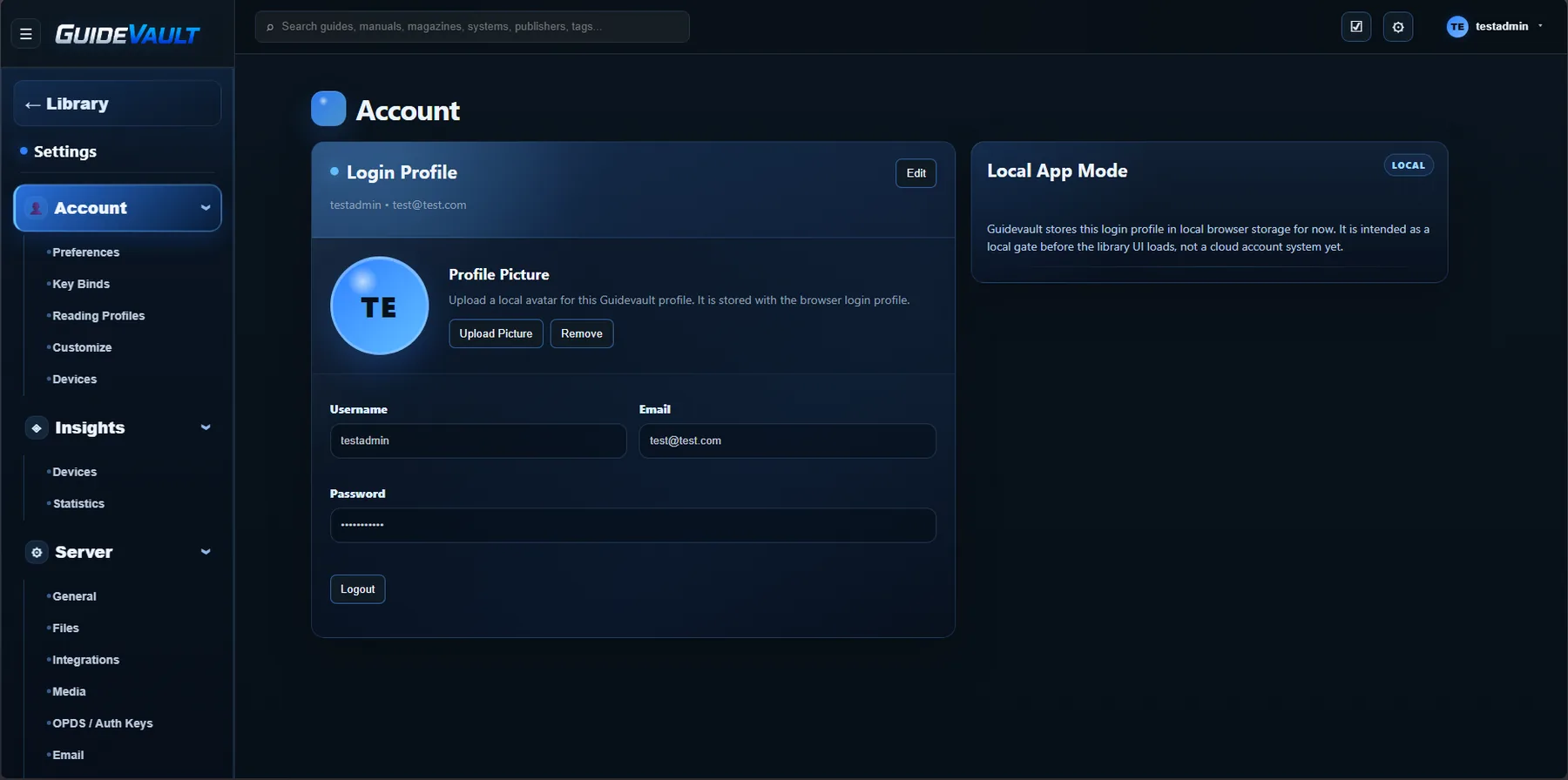 GuideVault account settings page showing local app mode and login profile