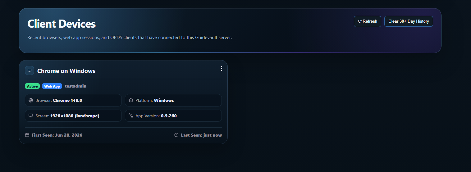 GuideVault Client Devices page showing Chrome on Windows
