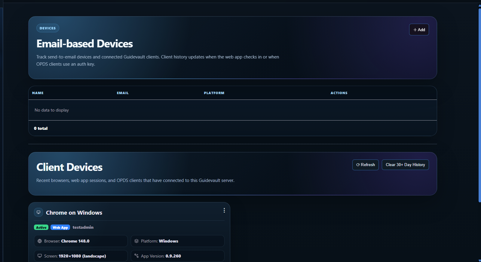 GuideVault Email-based Devices and Client Devices page