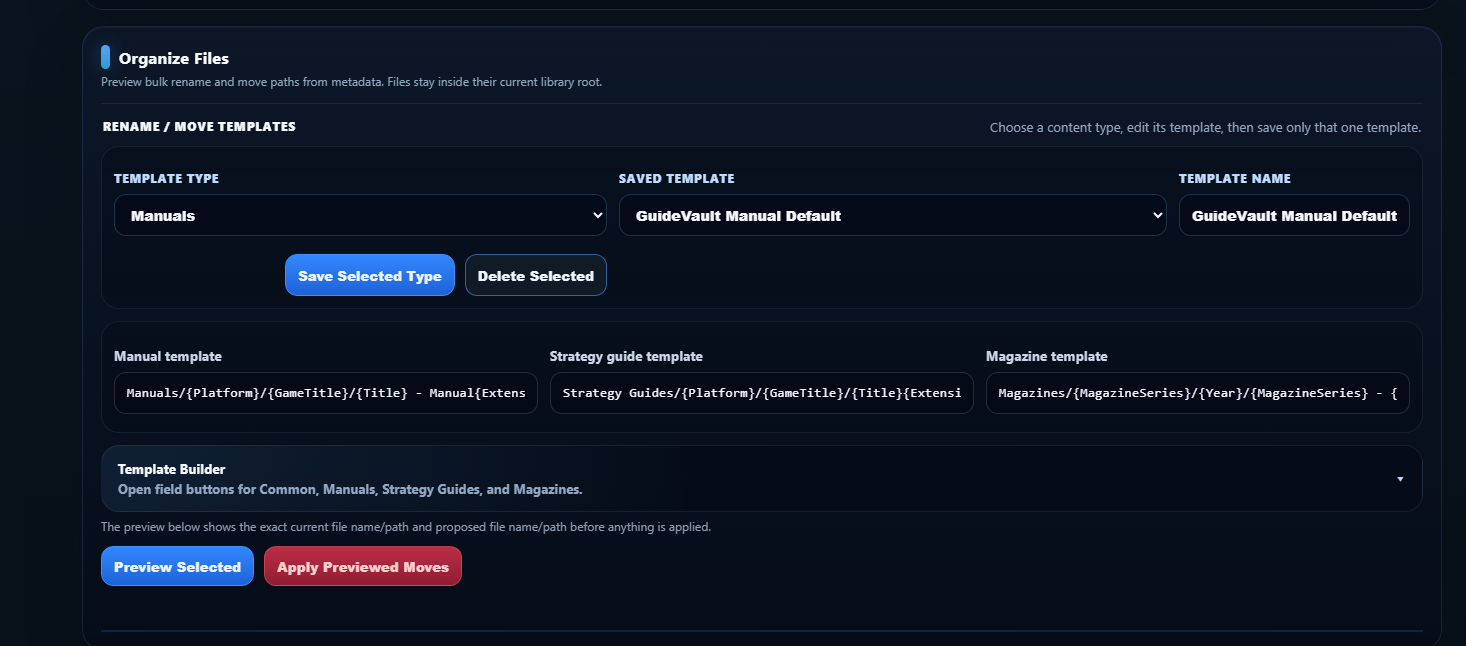 GuideVault Organize Files container with manual, strategy guide, and magazine templates.
