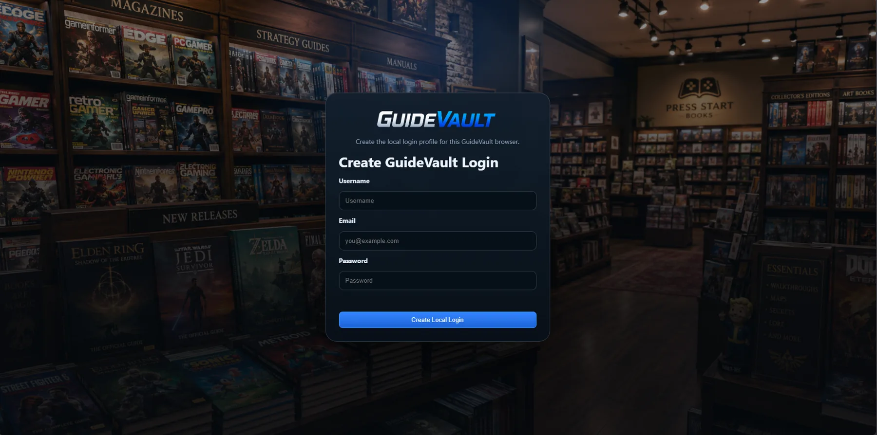 GuideVault first sign-on screen for creating the local login profile
