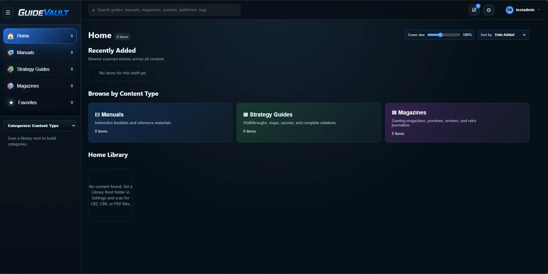 GuideVault empty Home page after first sign-on