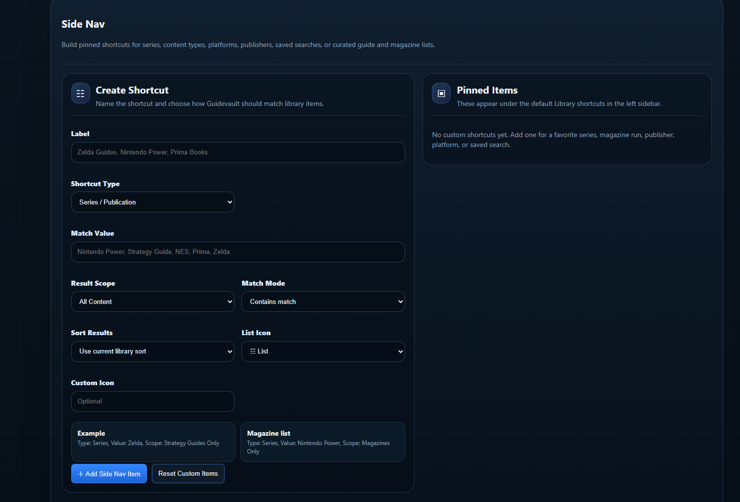 GuideVault Side Nav customization settings