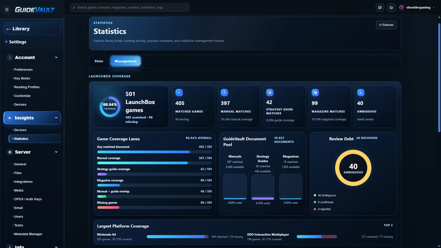 GuideVault Management tab showing LaunchBox coverage, coverage lanes, document pool, and review debt.