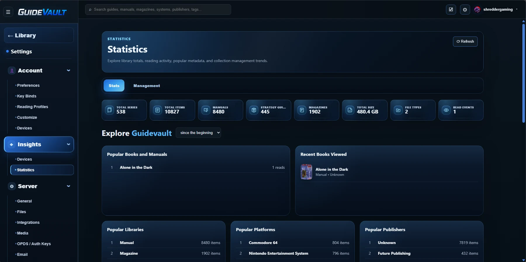 GuideVault Statistics overview with totals, popular books, and recent books viewed.