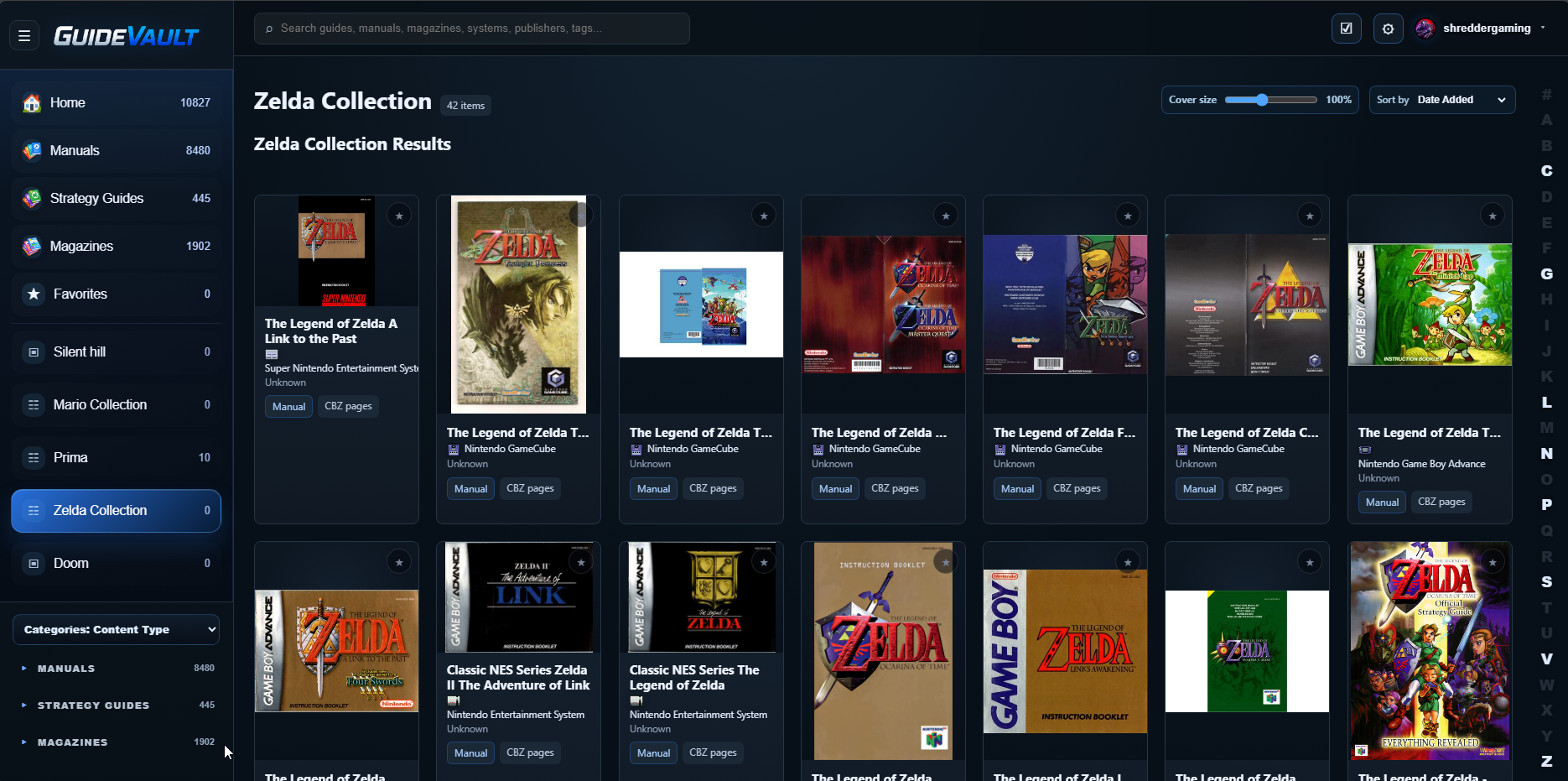 GuideVault Zelda Collection sidebar shortcut example